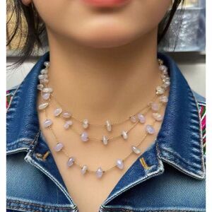 Triple Layer Opal Gemstone Necklace Raw Beaded Boho Crystal Gold Station Charm